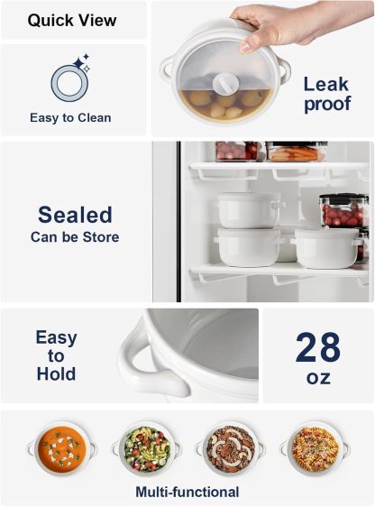 Soup Bowls With Handles 28 oz and Silicone Lids, French Onion Soup Bowl for Chili, Beef Stew, Cereal, Ceramic Soup Crocks oven Safe