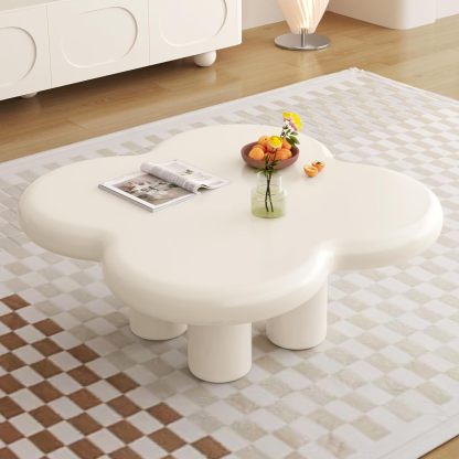 33.46" White Coffee Table, Funky Floral-Shaped Coffee Table Living Room, Bedroom, Home Office, Balcony or Lounge