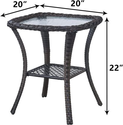 Patio Wicker Side Table Outdoor, Rattan End Table Glass Top Coffee Table with Storage Grey
