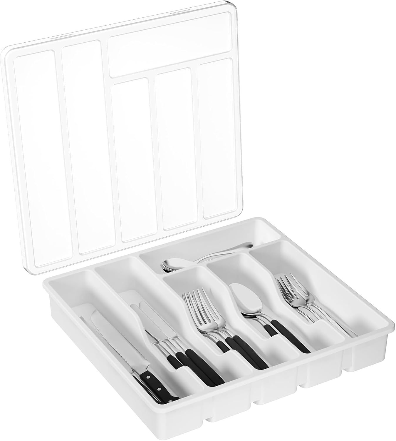 Silverware Organizer with Lid, Covered Utensil Tray for Kitchen Drawer and Countertop, Plastic Cutlery and Flatware Storage Box