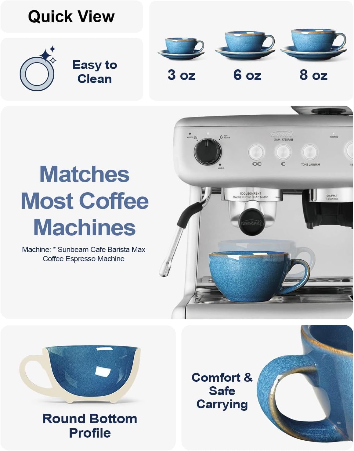 6 oz Cappuccino Cups with Saucers，Ceramic Coffee Cup for Au Lait, Double shot, Latte, Cafe Mocha, Tea - Set of 4, Ceylon Blue