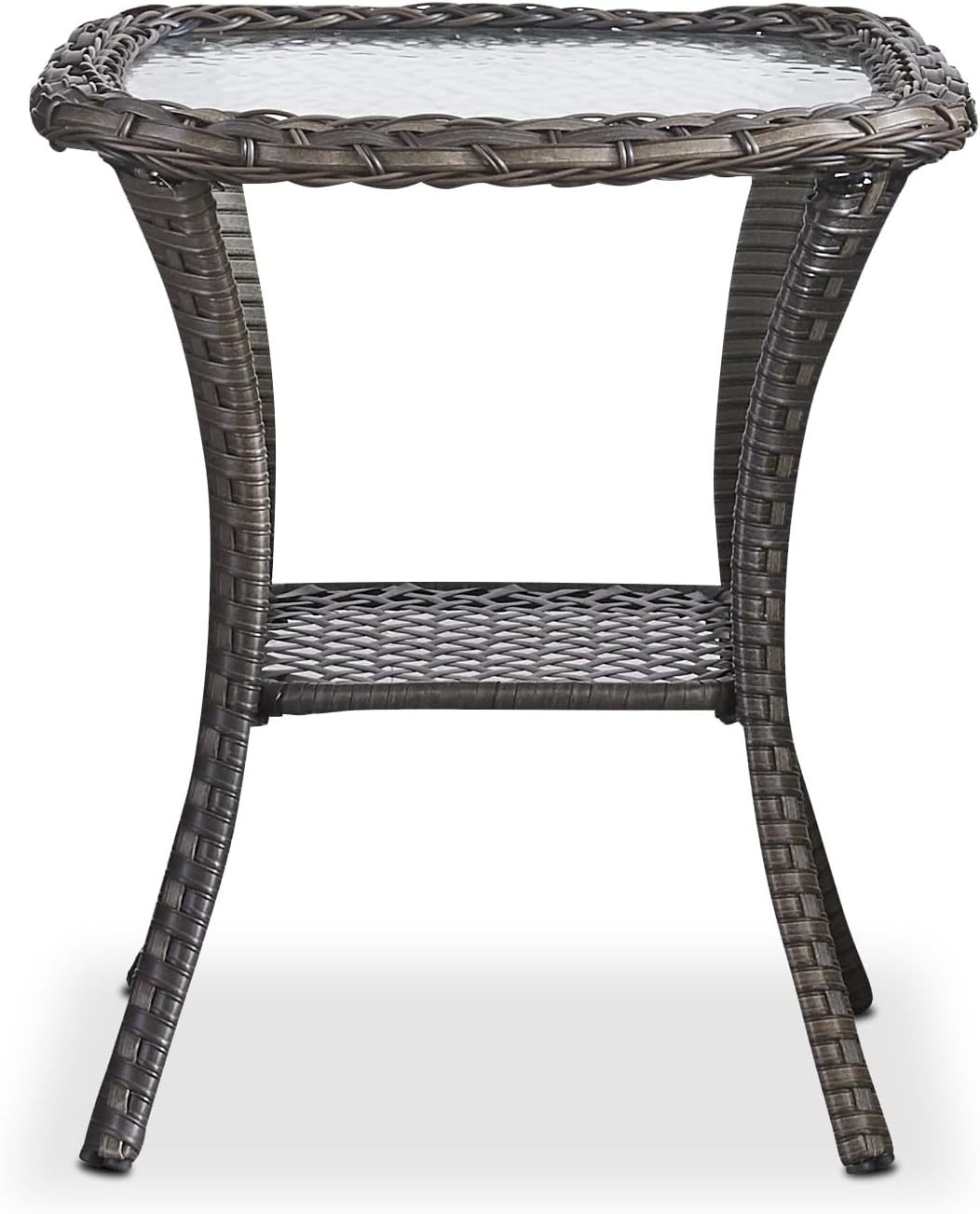 Patio Wicker Side Table Outdoor, Rattan End Table Glass Top Coffee Table with Storage Grey