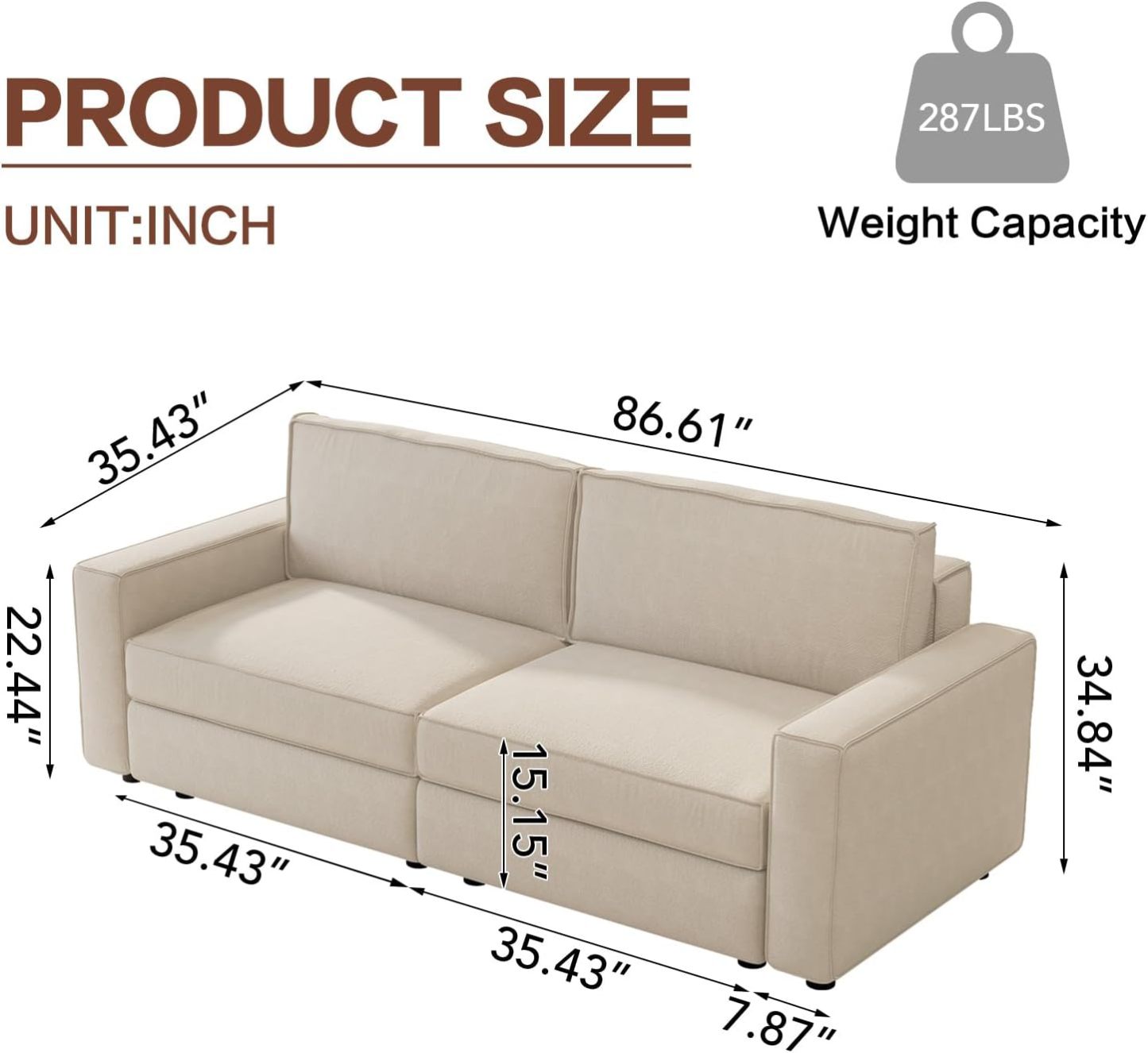 86" Beige Loveseat Sofa, Modern Extra Wide Modular Sectional Couch with Removable Cushions, Sturdy Pine Wood Frame for Long Time