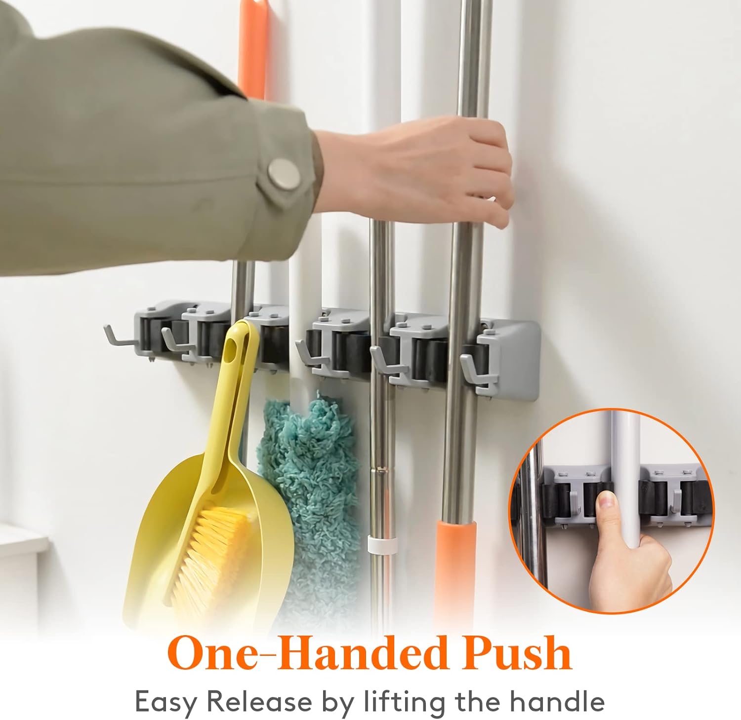 Mop and Broom Holder Wall Mount, Anti-Slip Broom Hanger for Kitchen Organization, Heavy Duty Cleaning Supplies Organizer