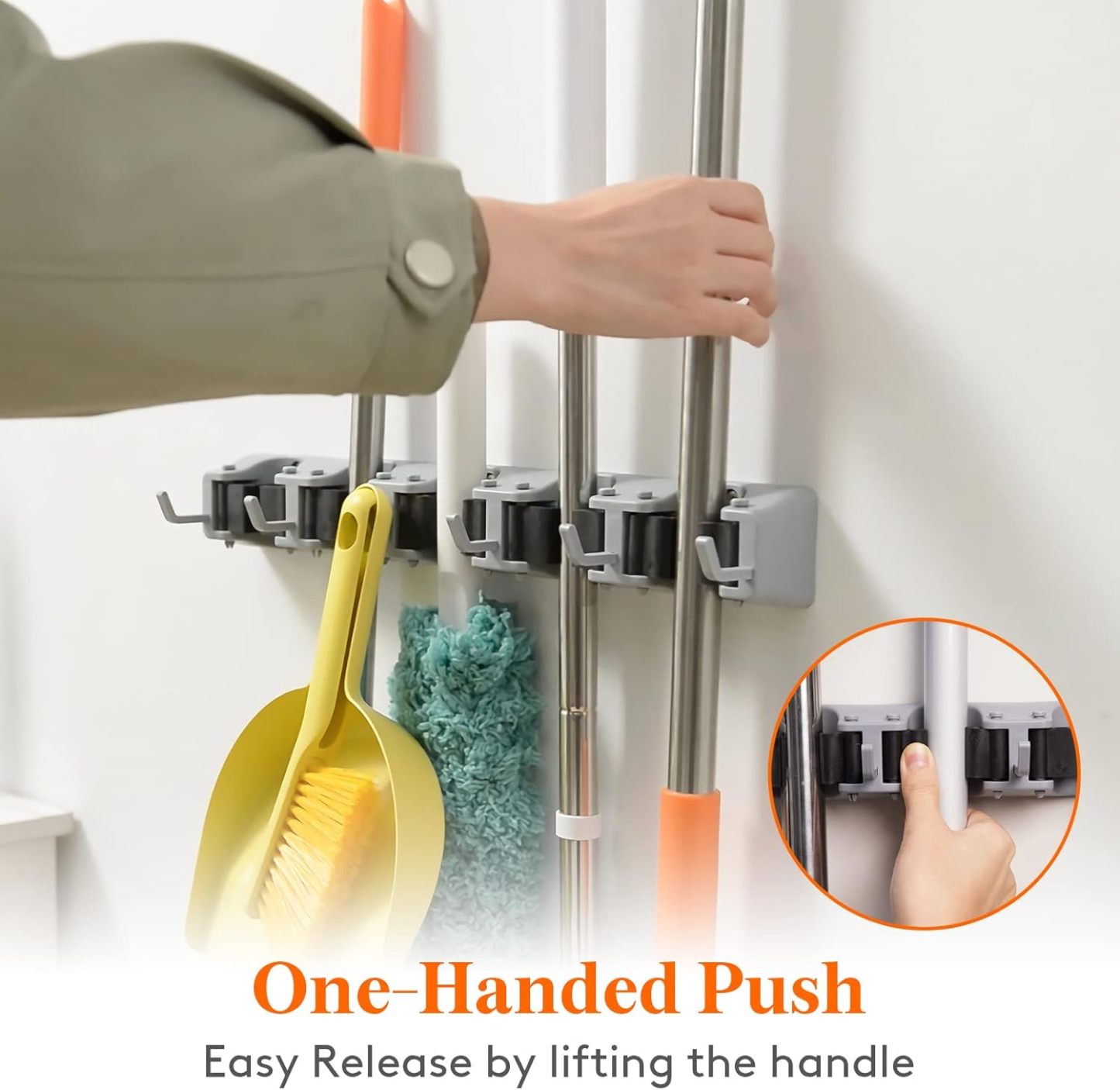 Mop and Broom Holder Wall Mount, Anti-Slip Broom Hanger for Kitchen Organization, Heavy Duty Cleaning Supplies Organizer