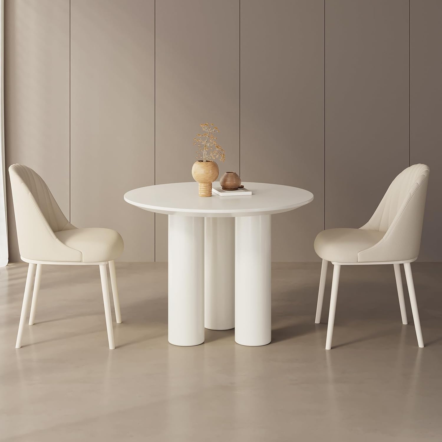 30" Kitchen Dining Table with 3 Powerful Support Legs, Modern Dining Room Table with Cream Smooth Surface and Round Edge