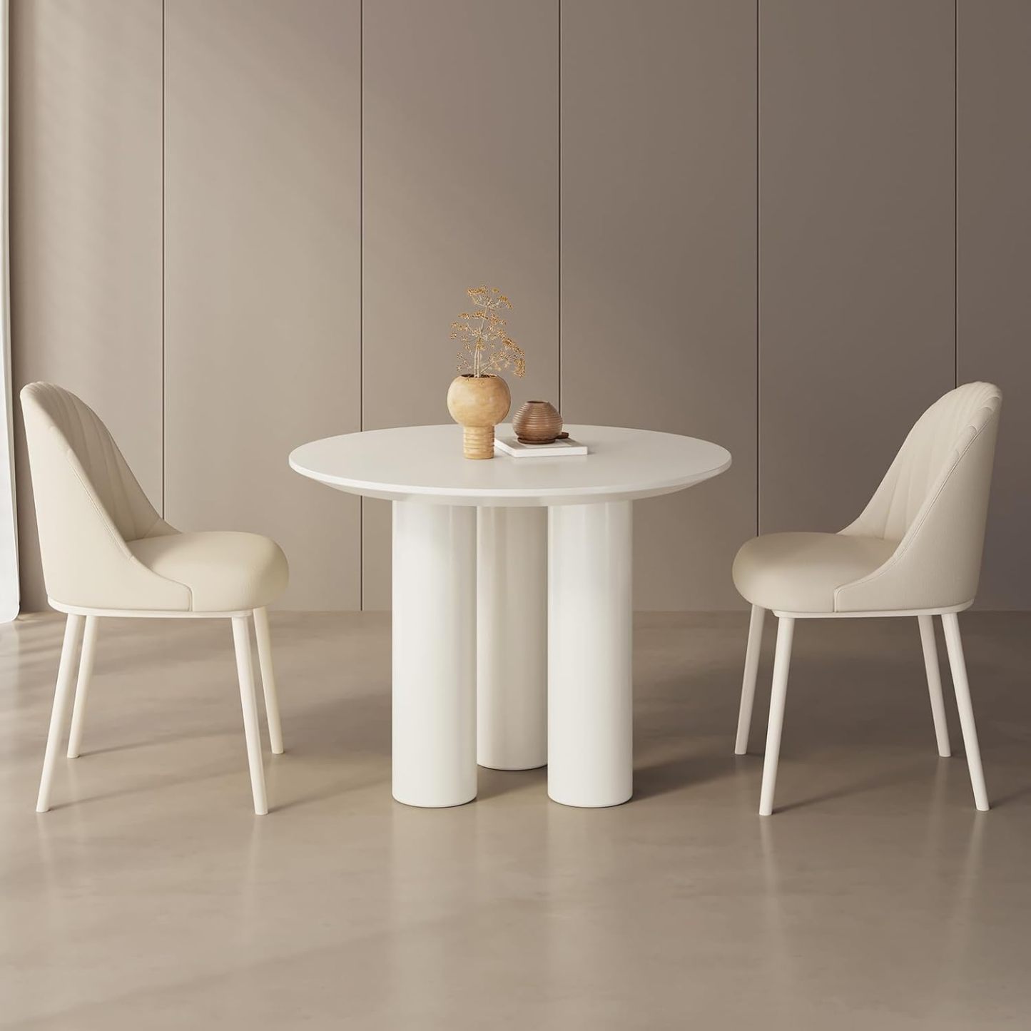 30" Kitchen Dining Table with 3 Powerful Support Legs, Modern Dining Room Table with Cream Smooth Surface and Round Edge