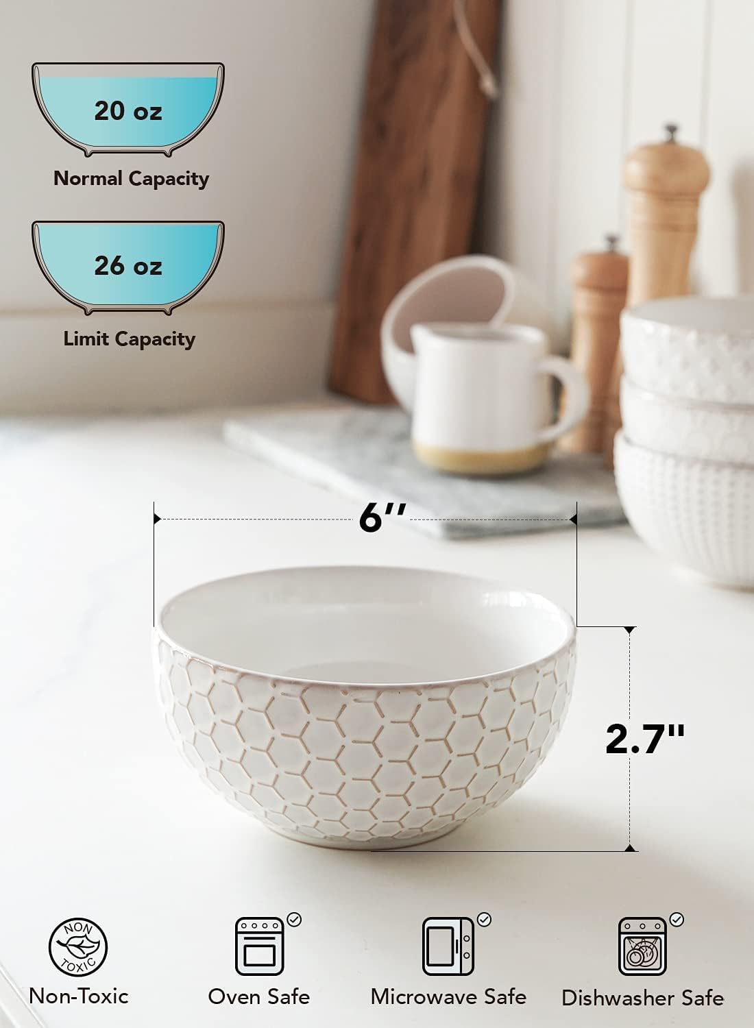 Cereal bowls 26 oz, Ceramic Soup Bowl for Kitchen, Embossment Stoneware Bowl for Pho, Chip, Fruits, Salad, Noodle, Ramen