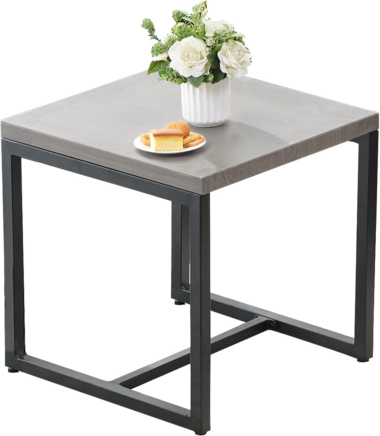 Outdoor Side Table for Patio Furniture Set Imitation Wood Grain Metal Table Top End Table Adjustment Legs