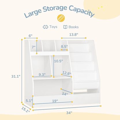 4 in 1 Kids Bookshelf and Toy Storage Organizer, 3-Tier Toy Organizers with Removable Toy Bins, Book Shelf for Kids Room