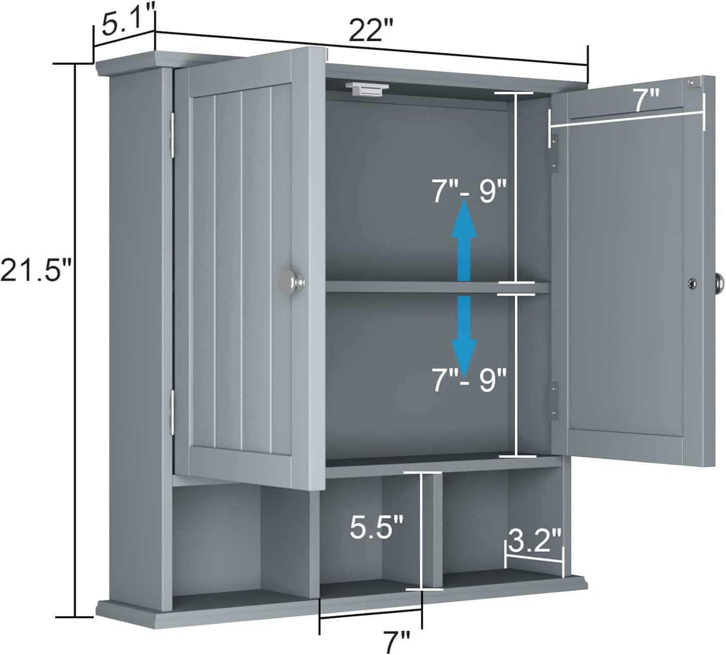 Bathroom Cabinet Wall Mounted 2-Door with 3 Open Shelves, Wooden Medicine Cabinets with Adjustable Shelf