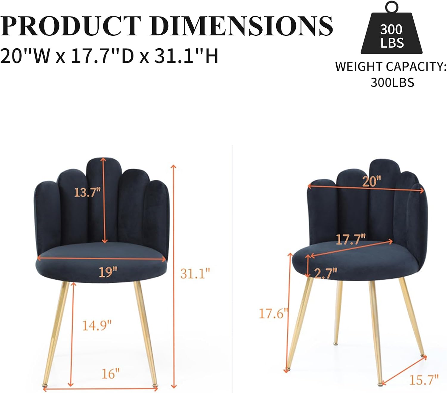 Dining Chairs Set of 2, Velvet Upholstered Side Chairs with Petal Back, Kitchen Chairs with Metal Legs