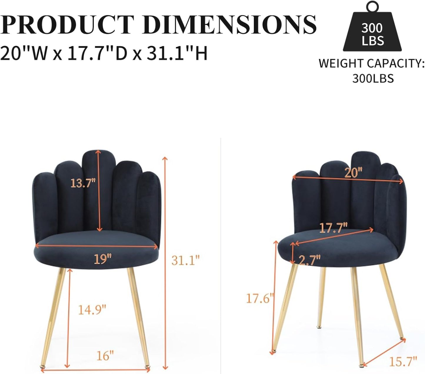 Dining Chairs Set of 2, Velvet Upholstered Side Chairs with Petal Back, Kitchen Chairs with Metal Legs