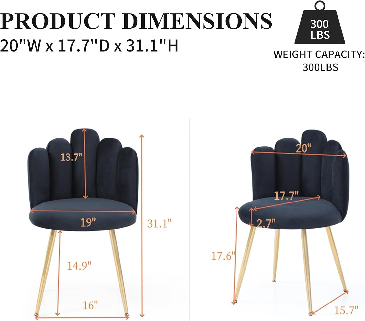 Dining Chairs Set of 2, Velvet Upholstered Side Chairs with Petal Back, Kitchen Chairs with Metal Legs