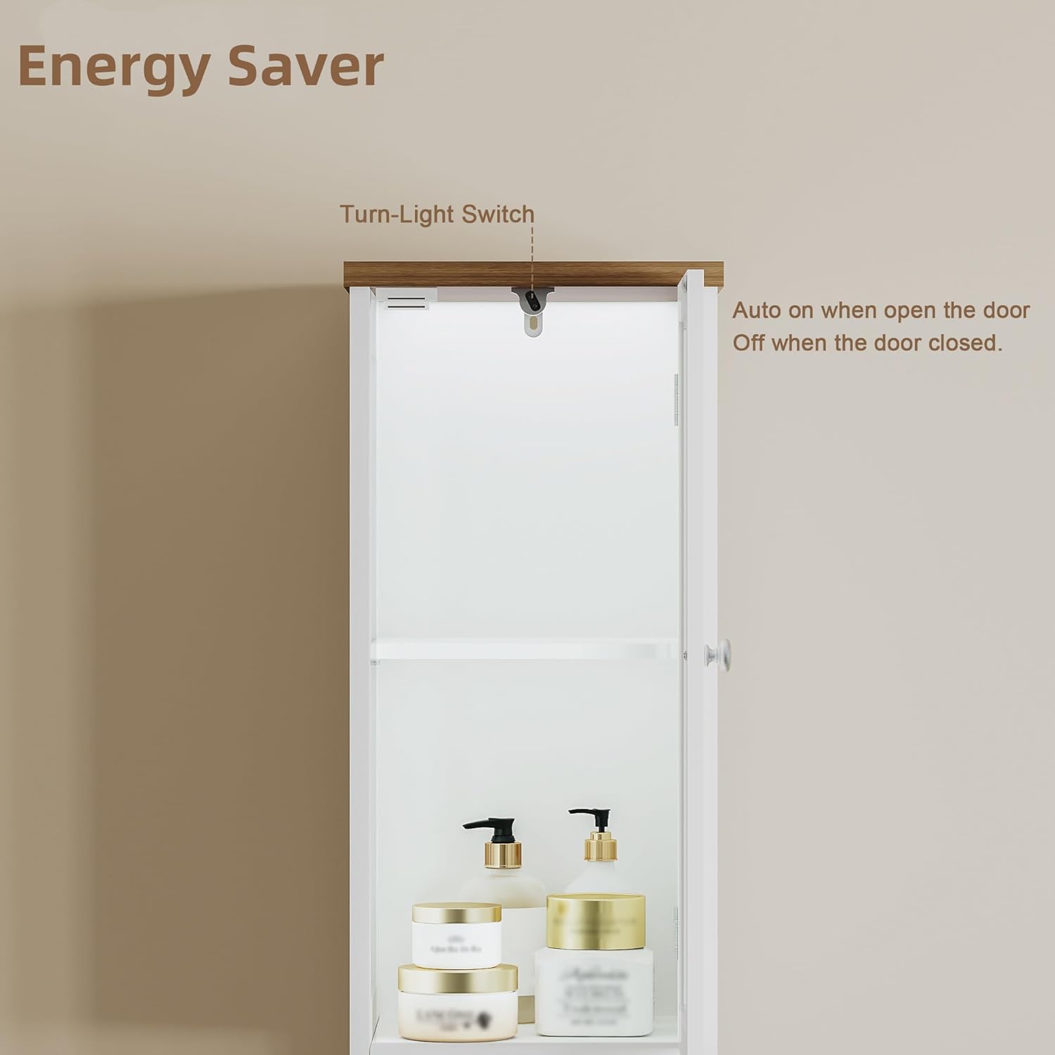 Tall Bathroom Storage Cabinet with Light，5-Tier Narrow Bathroom Cabinet with 2 Doors