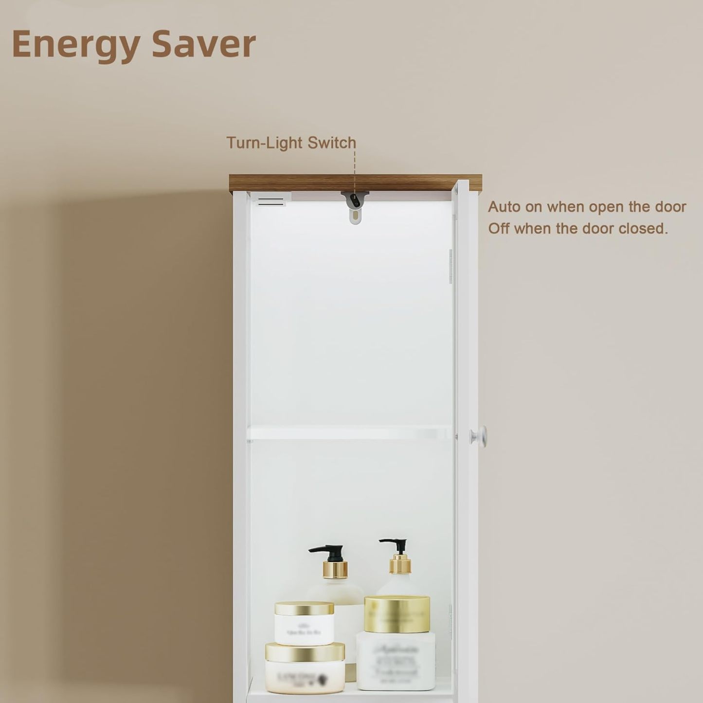 Tall Bathroom Storage Cabinet with Light，5-Tier Narrow Bathroom Cabinet with 2 Doors