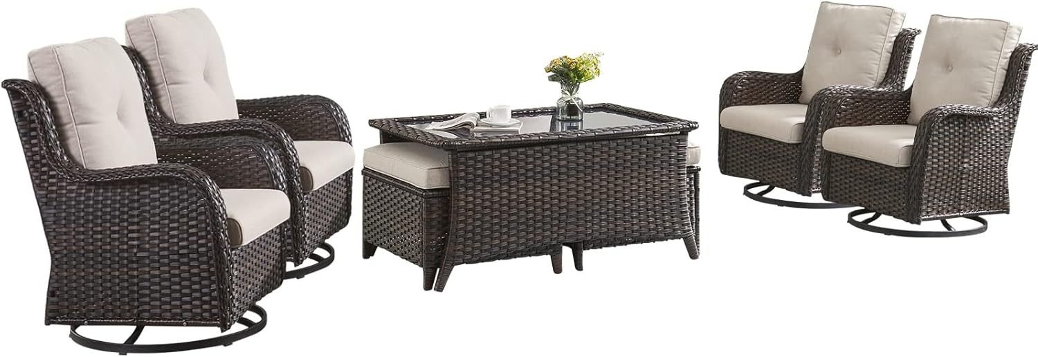 7 Piece Patio Furniture Set Outdoor PE Wicker Swivel Patio Chairs with Coffee Table and Ottomans