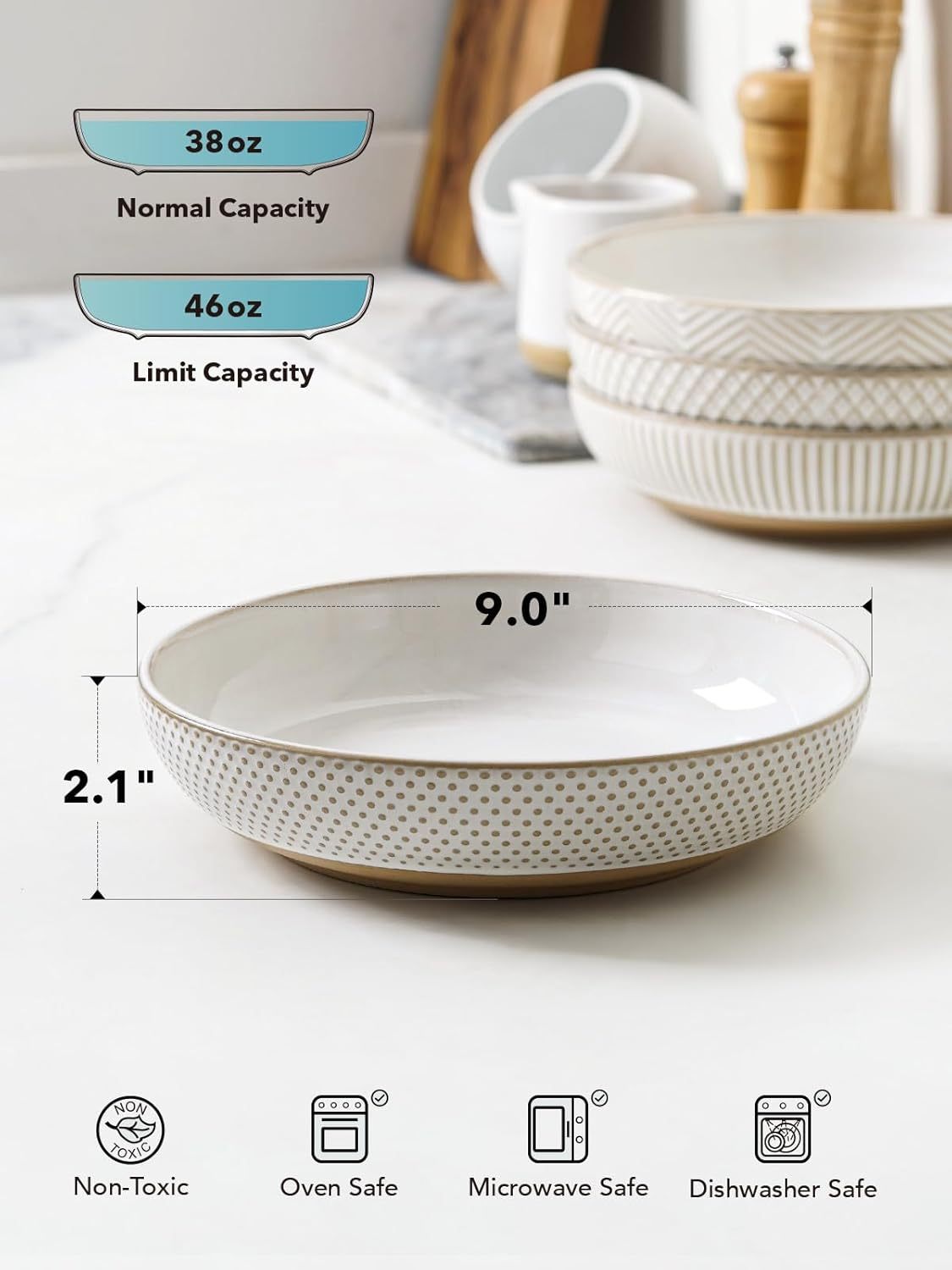 Pasta Bowls 46oz, Large Salad Bowl, Ceramic Serving Plate, House-warming Wedding Present, Embossment Stoneware Bowl for Fruits