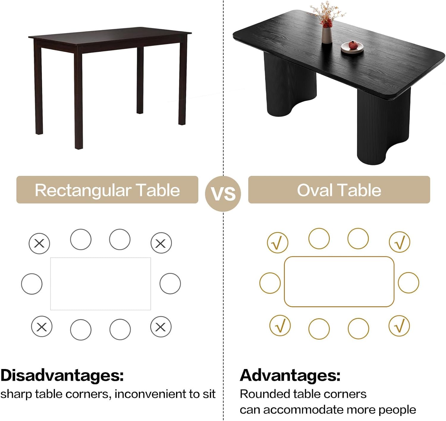 63" Black Dining Table, Modern Kitchen Table with Spacious Desktop, Kitchen Dining Table with Sturdy Sleek Wave Support Pedestal for Dining Room