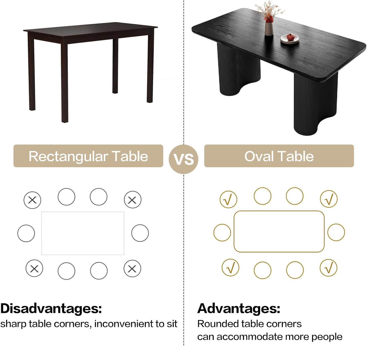 63" Black Dining Table, Modern Kitchen Table with Spacious Desktop, Kitchen Dining Table with Sturdy Sleek Wave Support Pedestal for Dining Room