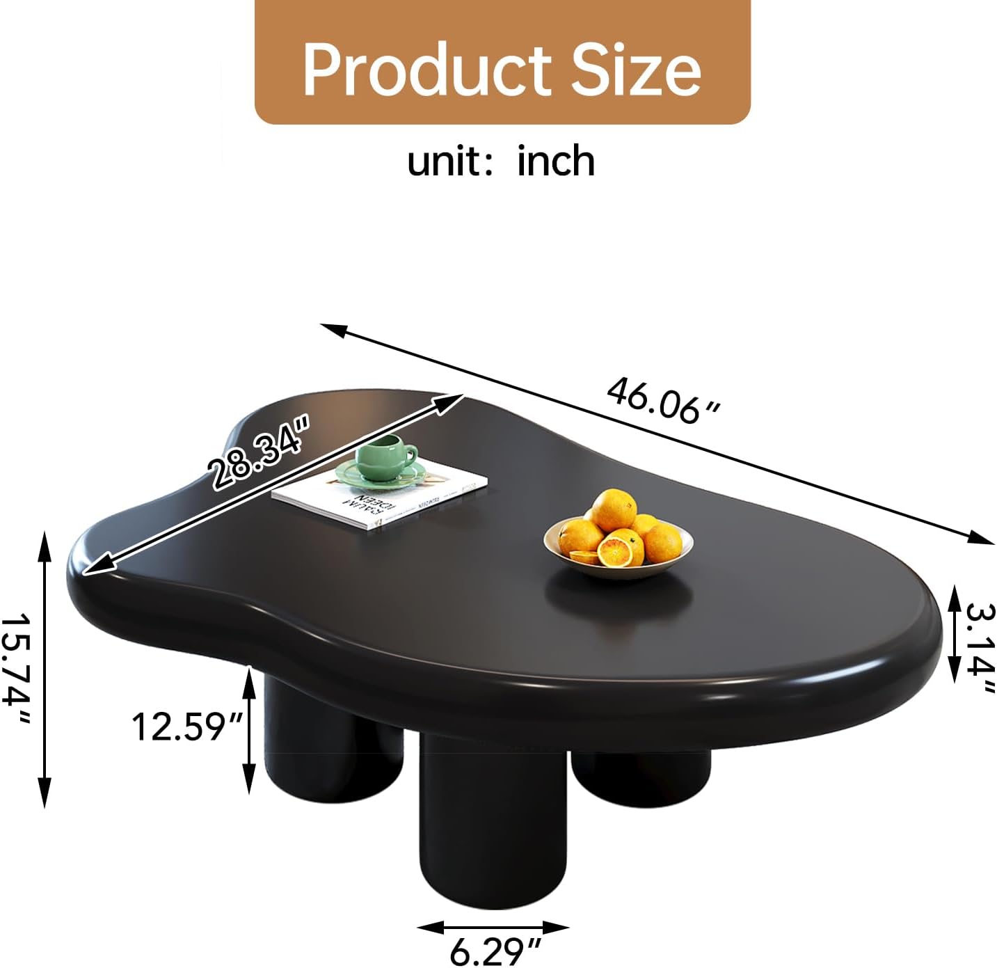 35.82" Black Cloud Coffee Table, Modern Round Edge Coffee Table with 4 Sturdy Support Legs and 2.67" Thick Tabletop,Easy Match for Living Room