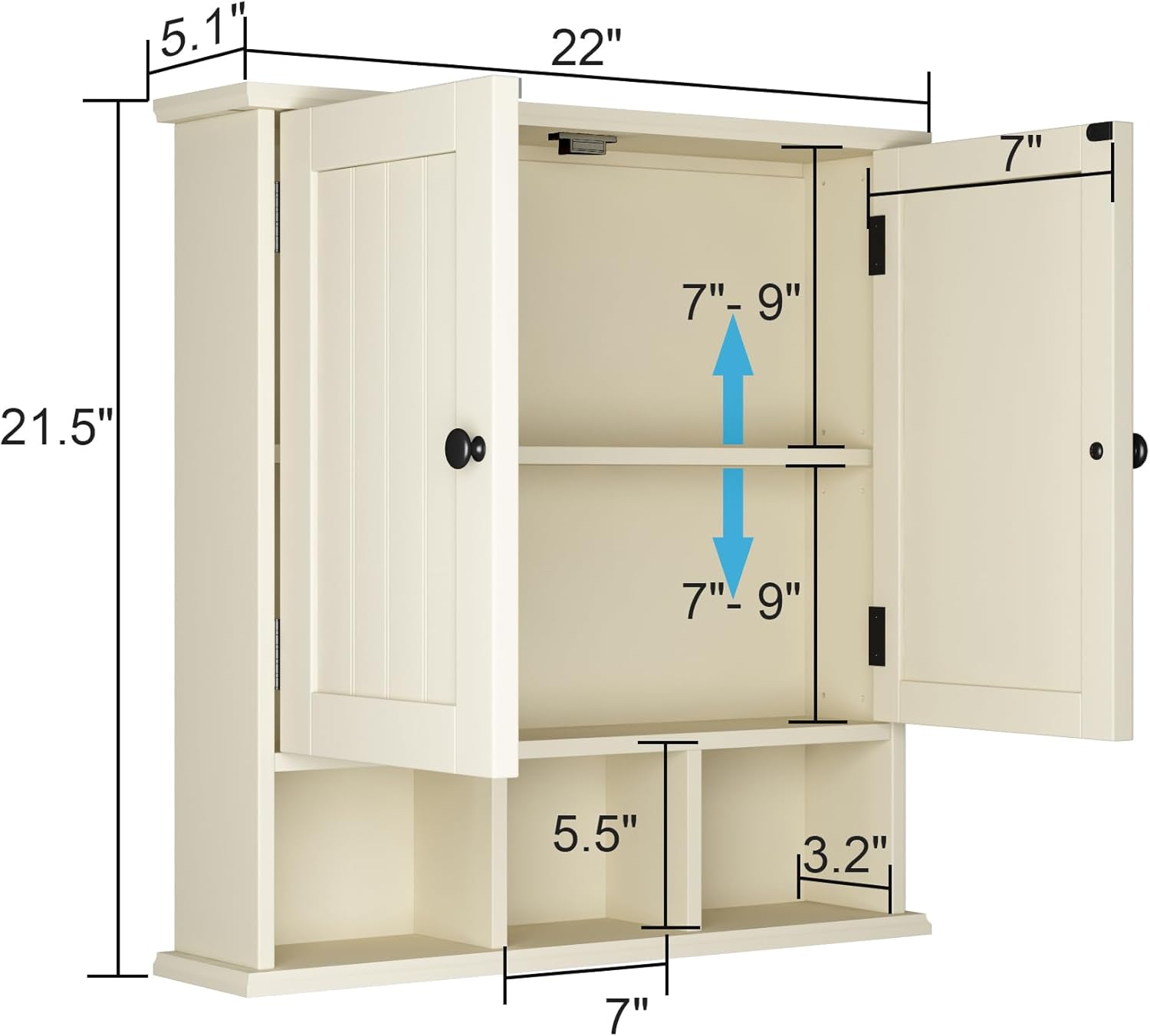 Bathroom Cabinet Wall Mounted 2-Door with 3 Open Shelves, Wooden Medicine Cabinets with Adjustable Shelf