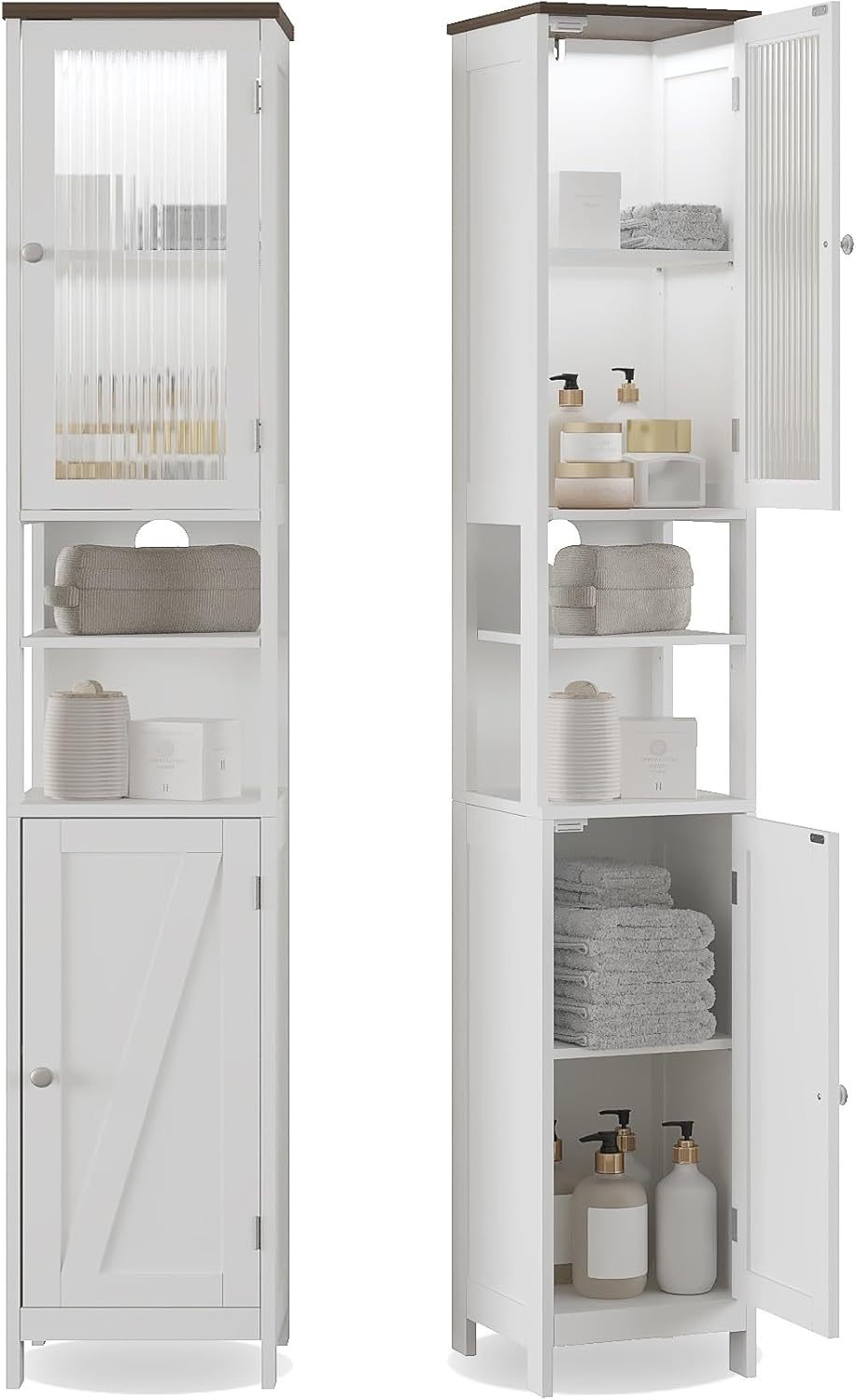 Tall Bathroom Storage Cabinet with Light，5-Tier Narrow Bathroom Cabinet with 2 Doors