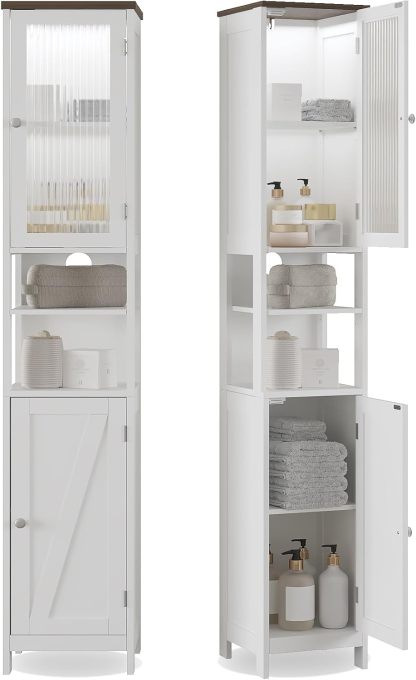 Tall Bathroom Storage Cabinet with Light，5-Tier Narrow Bathroom Cabinet with 2 Doors