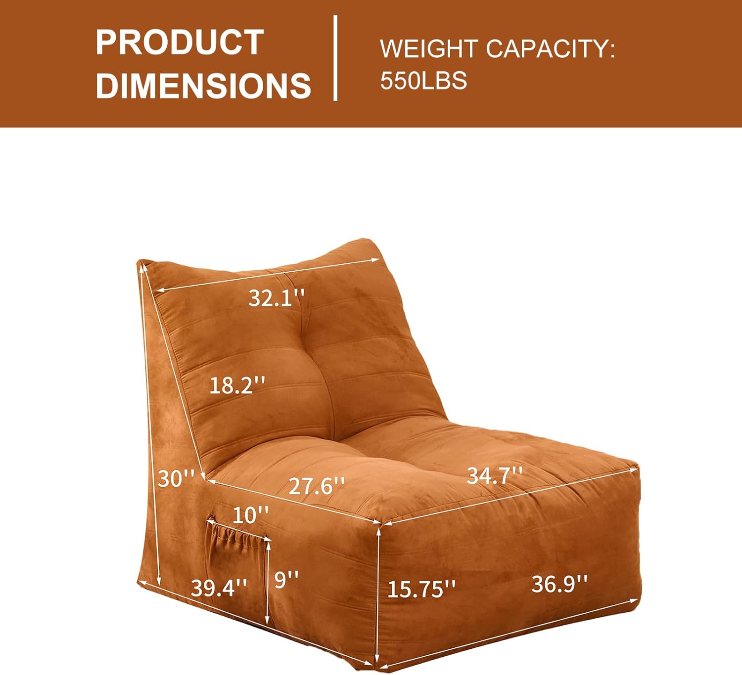 Bean Bag Chair for Adult, Suede Upholstered Bean Bag Sofa with Large Pocket, Stuffed Beanbag Chair with Pull-Ring