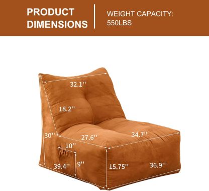 Bean Bag Chair for Adult, Suede Upholstered Bean Bag Sofa with Large Pocket, Stuffed Beanbag Chair with Pull-Ring