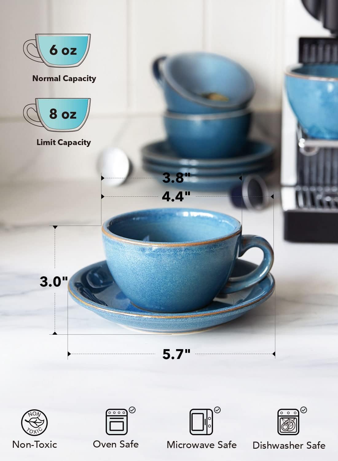 6 oz Cappuccino Cups with Saucers，Ceramic Coffee Cup for Au Lait, Double shot, Latte, Cafe Mocha, Tea - Set of 4, Ceylon Blue