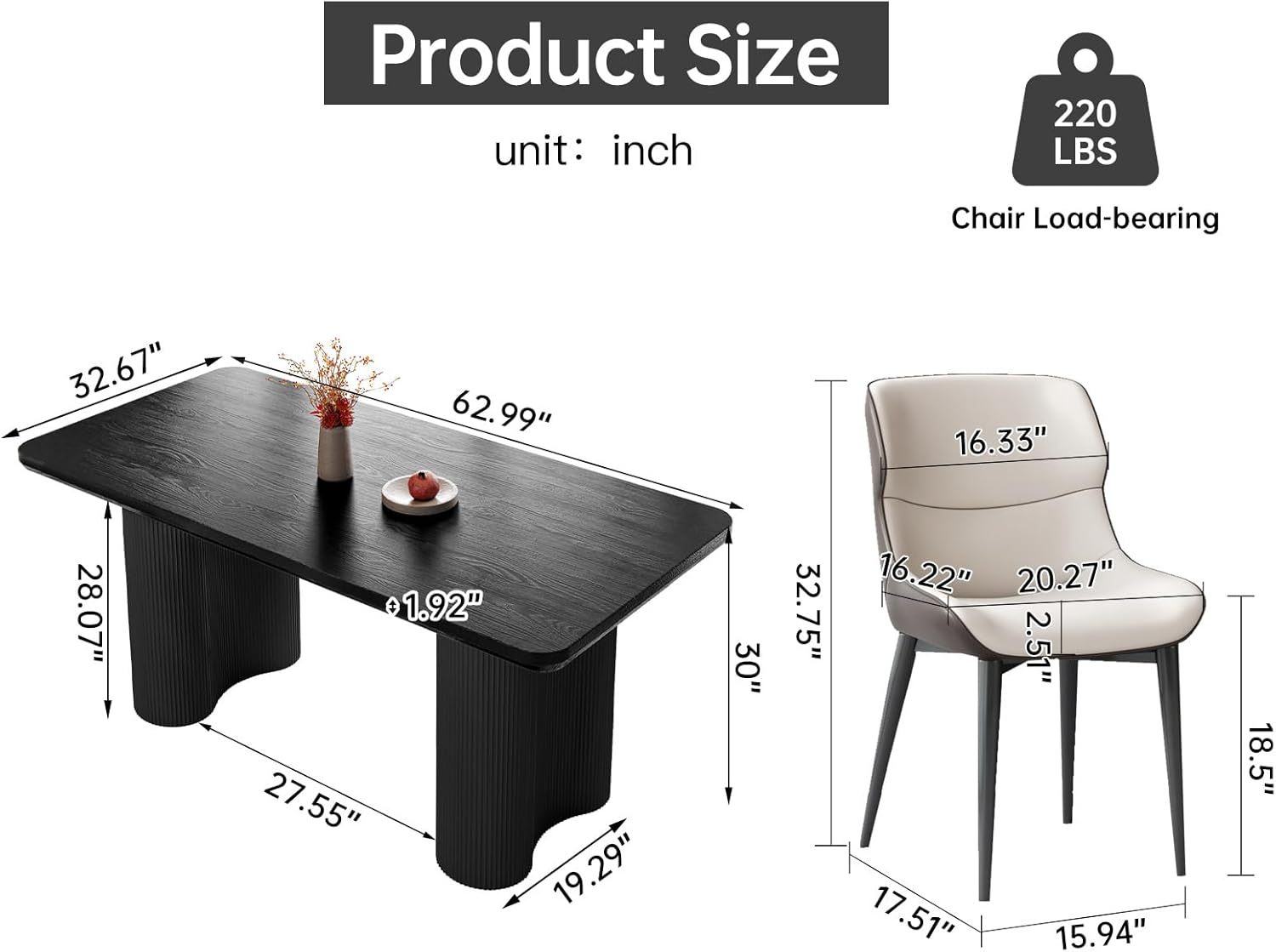 63" Black Dining Table, Modern Kitchen Table with Spacious Desktop, Kitchen Dining Table with Sturdy Sleek Wave Support Pedestal for Dining Room