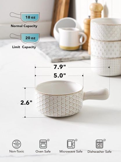 French Onion Soup Bowls, 18 Ounce Soup Bowls With Handles for Chili, Beef Stew, French Onion Soup Crocks Oven Safe - 5 inch, Set of 4, Arctic White