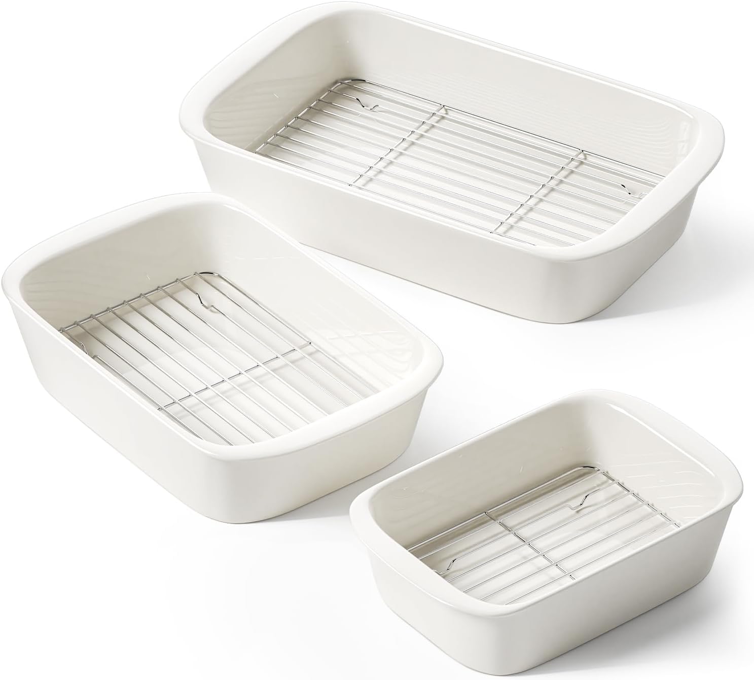 Deep Casserole Dishes for Oven, 13.7”x9.6” Ceramic Baking Dish Set with Roasting Racks, Large Lasagna Pans with Handles