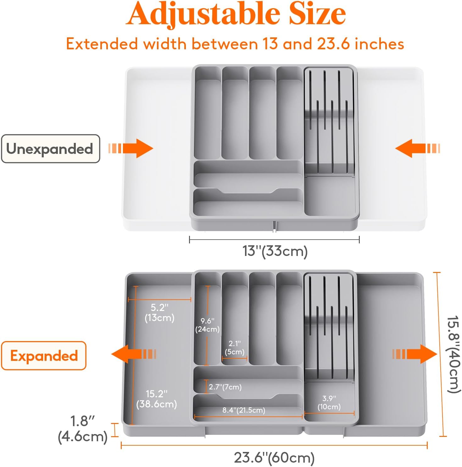Silverware Organizer for Kitchen Drawers, Expandable Utensil Tray with Removable Knife Block