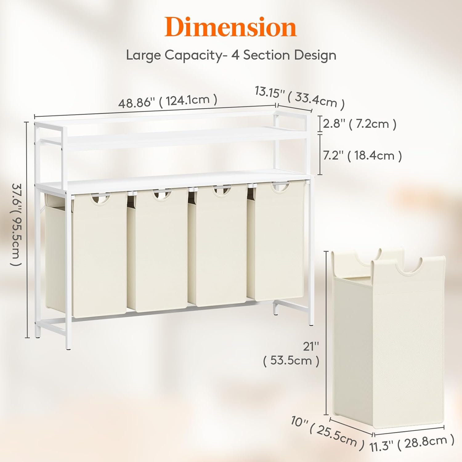 Laundry Hamper 4 Section, 168L Pull out Laundry Clothes Basket Organizer with Shelves and 4 Removable Bags and Handles