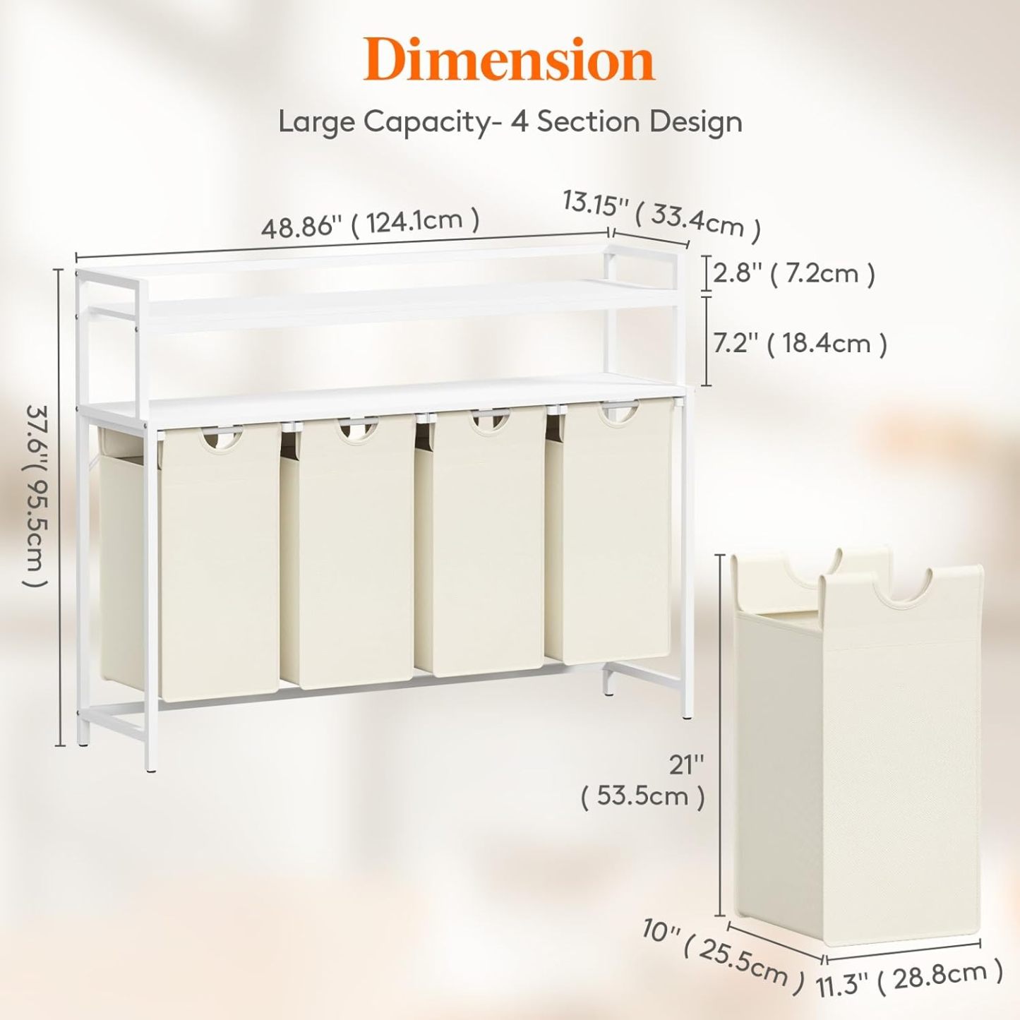 Laundry Hamper 4 Section, 168L Pull out Laundry Clothes Basket Organizer with Shelves and 4 Removable Bags and Handles