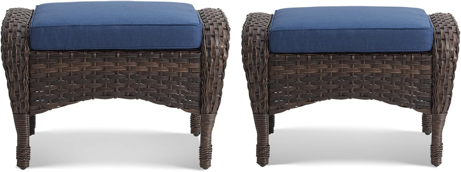 Outdoor Ottoman-Patio Rattan Footstool with Cushions Blue