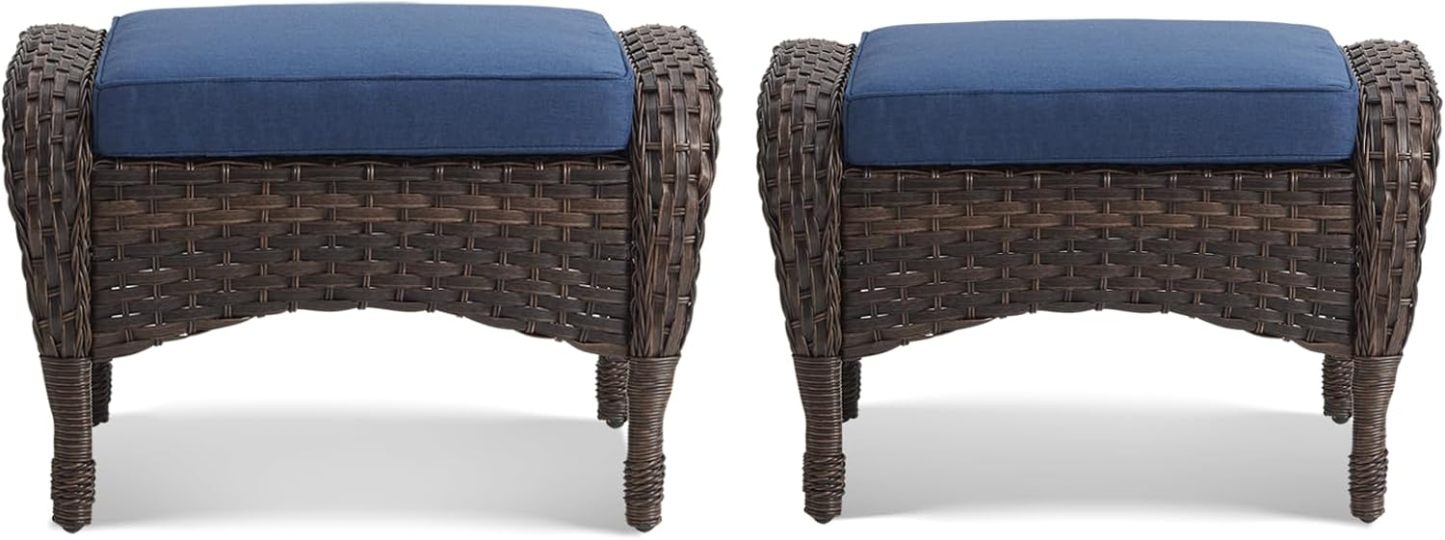 Outdoor Ottoman-Patio Rattan Footstool with Cushions Blue