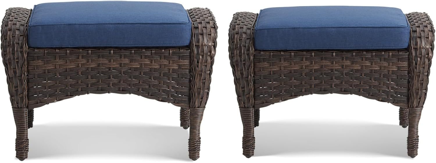Outdoor Ottoman-Patio Rattan Footstool with Cushions Blue