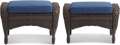 Outdoor Ottoman-Patio Rattan Footstool with Cushions Blue