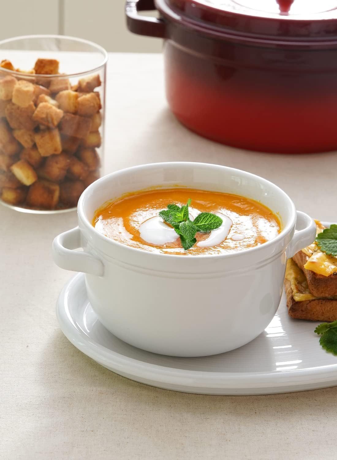 Soup Bowls With Handles 28 oz and Silicone Lids, French Onion Soup Bowl for Chili, Beef Stew, Cereal, Ceramic Soup Crocks oven Safe