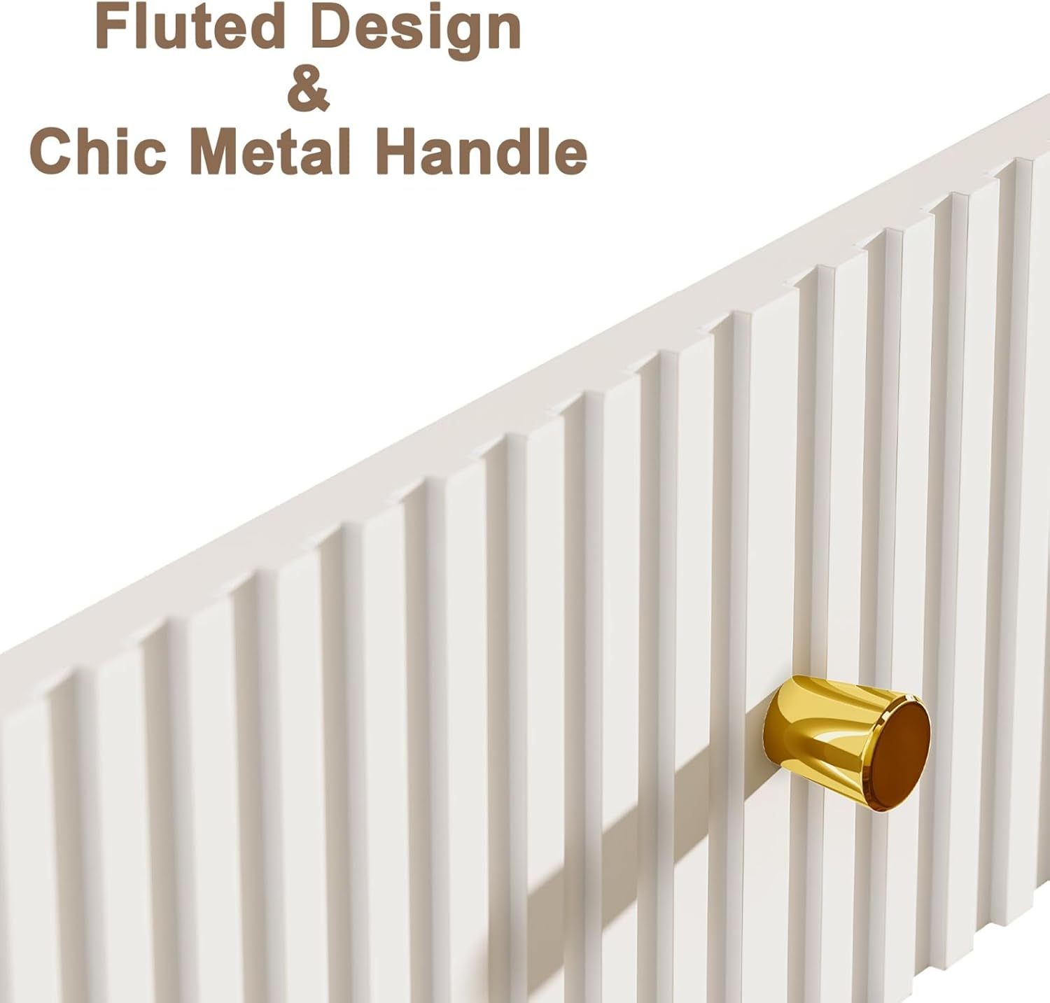 Night Stand, Fluted White Nightstand with 3 Drawers, End Table with Gold Legs and Handles