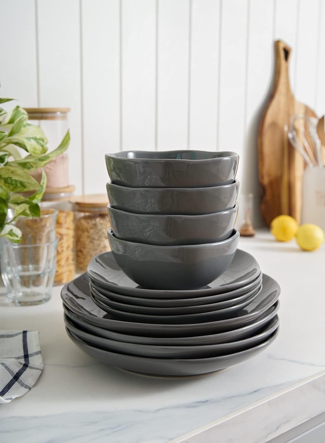 Dinnerware Sets 12 Piece, Serve for 4, Ceramic Plates and Bowls Set (10" Dinner Plates + 8" Salad Dish + 22 oz Bowl) x 4, Suit For House Warming Wedding, Dishwasher Microwave Oven safe - Grey