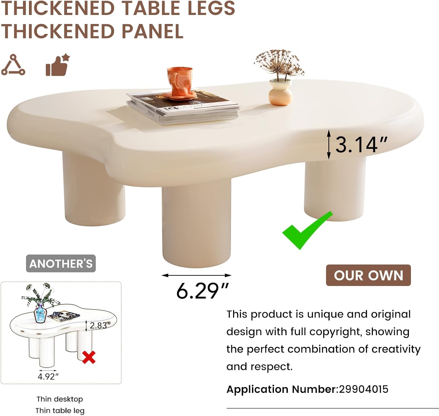 46.06" Cloud Shape Coffee Table, Modern Round Edge White Coffee Table with 3 Sturdy Support Legs and 3.14" Thick Tabletop for Living Room