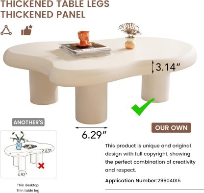 46.06" Cloud Shape Coffee Table, Modern Round Edge White Coffee Table with 3 Sturdy Support Legs and 3.14" Thick Tabletop for Living Room