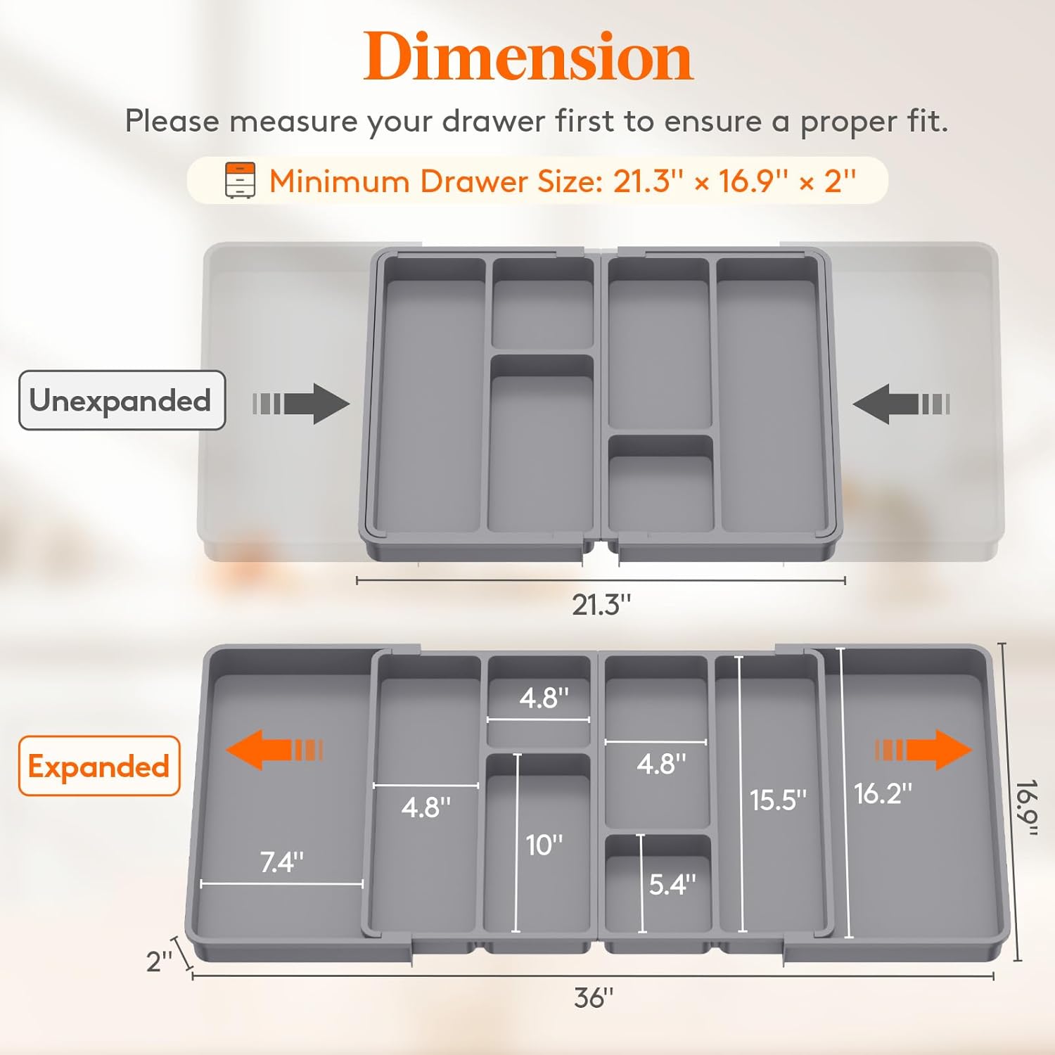 Large Utensil Organizer for Kitchen Drawer, Expandable From 21 to 36 Inches, Adjustable Cooking Silverware Tray