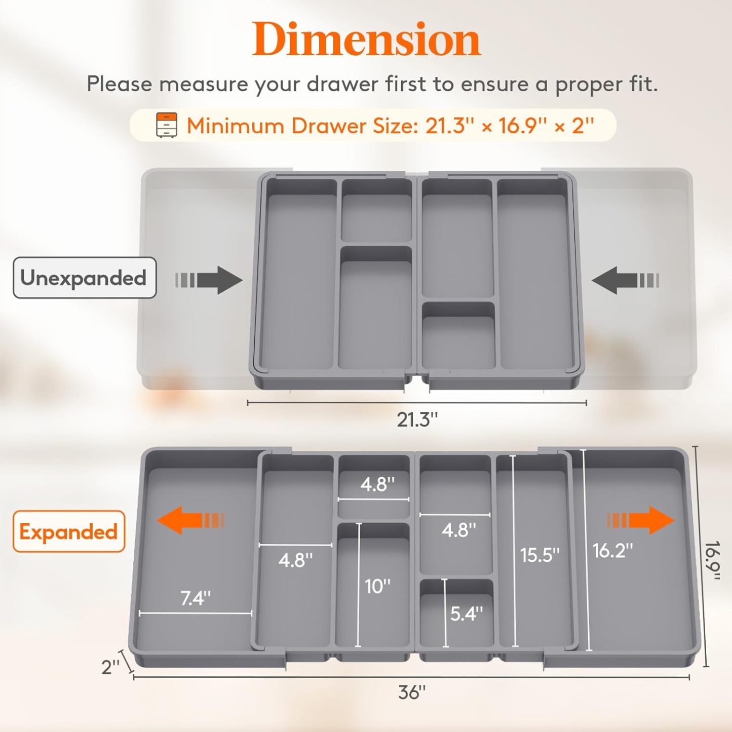 Large Utensil Organizer for Kitchen Drawer, Expandable From 21 to 36 Inches, Adjustable Cooking Silverware Tray