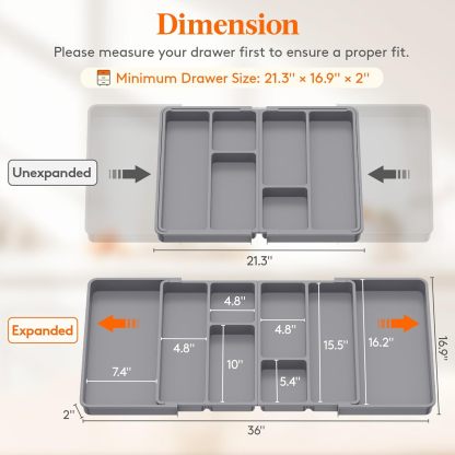 Large Utensil Organizer for Kitchen Drawer, Expandable From 21 to 36 Inches, Adjustable Cooking Silverware Tray