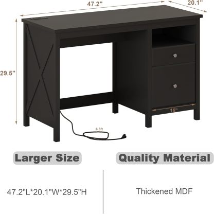 47" Black Desk with Drawers, Wood Home Office Computer Desk with Charging Station